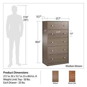 Ameriwood Home Ellwyn Tall 5 Drawer Dresser in Medium Brown