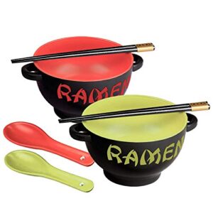 world market japanese ceramic ramen bowl set of 2 – soup spoon and chopsticks – serving bowls for noodle, ramen, udon, miso, thai, and pho soup 17.5 ounce red dragon and green rooster