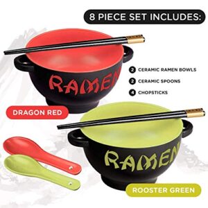 World Market Japanese Ceramic Ramen Bowl Set of 2 - Soup Spoon and Chopsticks - Serving Bowls for Noodle, Ramen, Udon, Miso, Thai, and Pho Soup 17.5 Ounce Red Dragon and Green Rooster