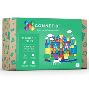 connetix tiles, 100 pc creative pack of magnetic building tiles for kids, colorful shapes, fences, and door frames to create big castles, rockets, bridges, towers, and more
