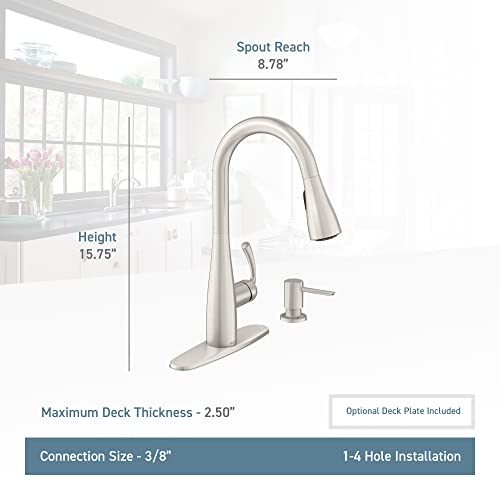 Moen 87014SRS Essie Pull-Down Sprayer Kitchen Faucet in Spot Resist Stainless with Soap Dispenser, Spot Resist Stainless