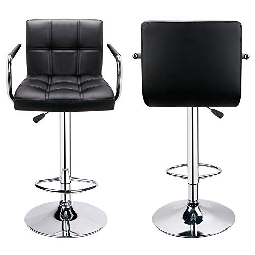 Leopard Adjustable Bar Stools with Armrest, Square Back Swivel Double Stitching with Back Bar Stool, Set of 2 (Black)