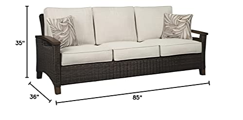 Signature Design by Ashley Paradise Trail Outdoor Patio Sofa with Cushion and 2 Pillows, Brown & Beige