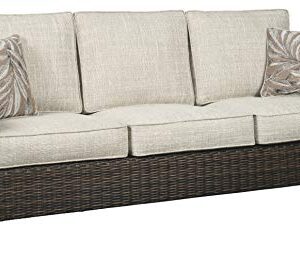 Signature Design by Ashley Paradise Trail Outdoor Patio Sofa with Cushion and 2 Pillows, Brown & Beige