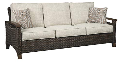 Signature Design by Ashley Paradise Trail Outdoor Patio Sofa with Cushion and 2 Pillows, Brown & Beige