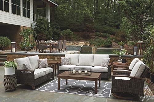 Signature Design by Ashley Paradise Trail Outdoor Patio Sofa with Cushion and 2 Pillows, Brown & Beige