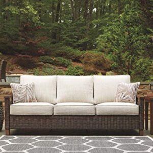 Signature Design by Ashley Paradise Trail Outdoor Patio Sofa with Cushion and 2 Pillows, Brown & Beige