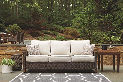 Signature Design by Ashley Paradise Trail Outdoor Patio Sofa with Cushion and 2 Pillows, Brown & Beige