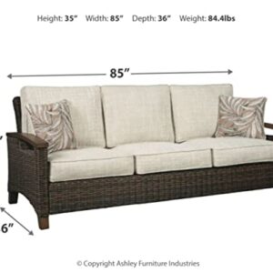 Signature Design by Ashley Paradise Trail Outdoor Patio Sofa with Cushion and 2 Pillows, Brown & Beige