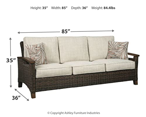 Signature Design by Ashley Paradise Trail Outdoor Patio Sofa with Cushion and 2 Pillows, Brown & Beige