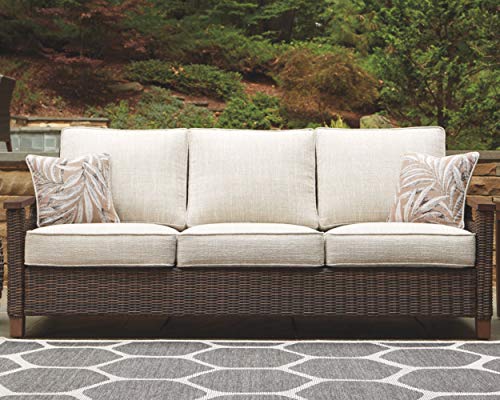 Signature Design by Ashley Paradise Trail Outdoor Patio Sofa with Cushion and 2 Pillows, Brown & Beige