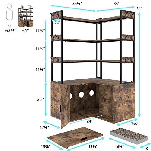 PAKASEPT Litter Box Enclosure with Shelves and Doors, Industrial Corner Shelves with Cat Cabinet &12 Hooks, 3-Shelf Corner Bookshelf, Pullable Carring Tray, Cat Scratcher, for Most of Litter Box