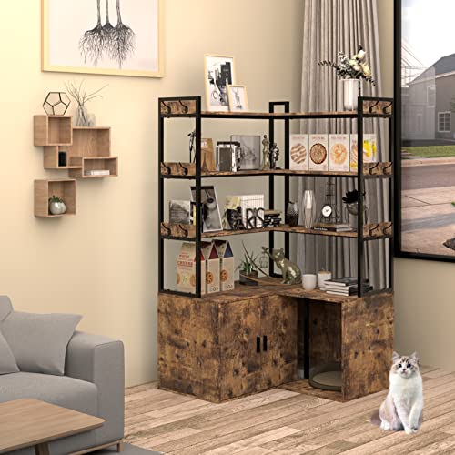 PAKASEPT Litter Box Enclosure with Shelves and Doors, Industrial Corner Shelves with Cat Cabinet &12 Hooks, 3-Shelf Corner Bookshelf, Pullable Carring Tray, Cat Scratcher, for Most of Litter Box