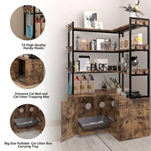 PAKASEPT Litter Box Enclosure with Shelves and Doors, Industrial Corner Shelves with Cat Cabinet &12 Hooks, 3-Shelf Corner Bookshelf, Pullable Carring Tray, Cat Scratcher, for Most of Litter Box