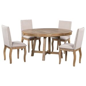merax 5-piece farmhouse wooden round extendable dining table set with 4 upholstered chairs, family kitchen furniture, natural_new