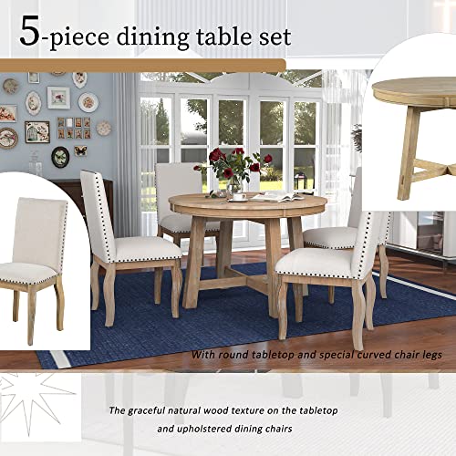 Merax 5-Piece Farmhouse Wooden Round Extendable Dining Table Set with 4 Upholstered Chairs, Family Kitchen Furniture, Natural_New