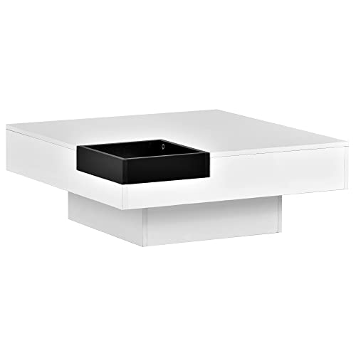 Modern Coffee Table with LED Lights, High Gloss Coffee Table with Detachable Tray,16-Color LED Light and Remote Control Square Cocktail Table with Plug-in Lighted Side Table for Living Room(White)