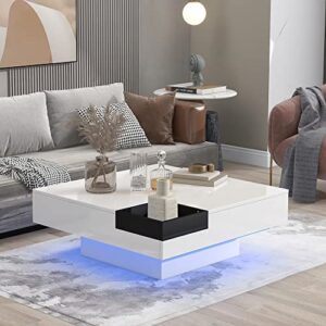 modern coffee table with led lights, high gloss coffee table with detachable tray,16-color led light and remote control square cocktail table with plug-in lighted side table for living room(white)