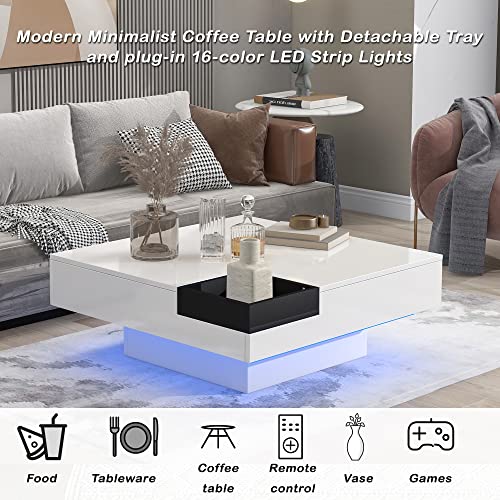 Modern Coffee Table with LED Lights, High Gloss Coffee Table with Detachable Tray,16-Color LED Light and Remote Control Square Cocktail Table with Plug-in Lighted Side Table for Living Room(White)