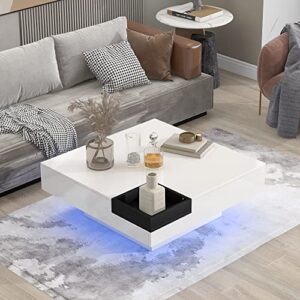 Modern Coffee Table with LED Lights, High Gloss Coffee Table with Detachable Tray,16-Color LED Light and Remote Control Square Cocktail Table with Plug-in Lighted Side Table for Living Room(White)
