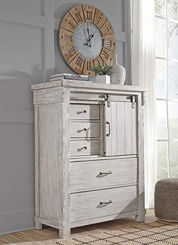 Signature Design by Ashley Brashland Farmhouse 5 Drawer Chest with Dovetail Construction & Sliding Barn Door Revealing Adjustable Shelf, Textured White