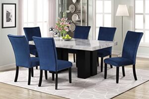 melpomene premium 7-piece dining table set with one 70″ l faux marble dining rectangular table and 6 upholstered-seat chairs for 6, for dining room and living room furniture (blue)