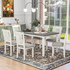 neoclassical 7-piece dining table set, solid wood kitchen dining room table set of 7, rectangle dining table with 6 upholstered chairs and shaped legs, family dining kitchen set for 6