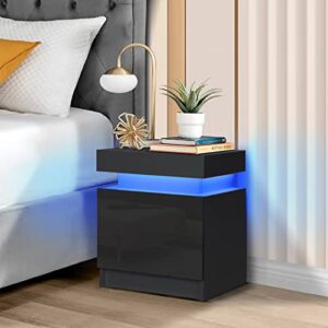 HOMMPA LED Nightstand Modern Black Nightstand with Led Lights Wood Matte Led Bed Side Table Night Stand with 2 High Gloss Drawers for Bedroom 20.5" Tall