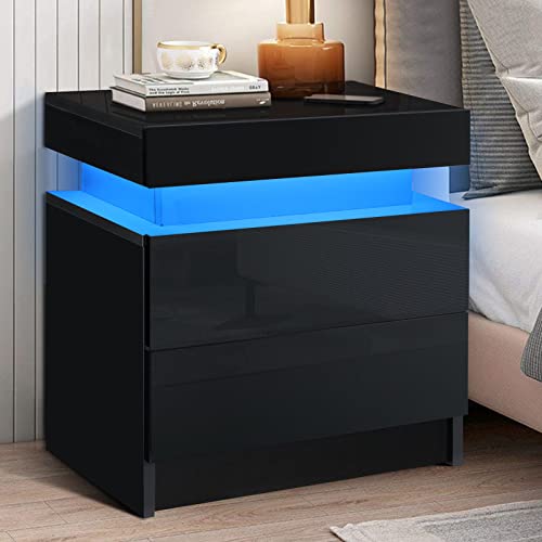 HOMMPA LED Nightstand Modern Black Nightstand with Led Lights Wood Matte Led Bed Side Table Night Stand with 2 High Gloss Drawers for Bedroom 20.5" Tall