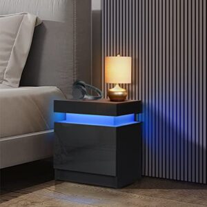 HOMMPA LED Nightstand Modern Black Nightstand with Led Lights Wood Matte Led Bed Side Table Night Stand with 2 High Gloss Drawers for Bedroom 20.5" Tall