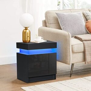 HOMMPA LED Nightstand Modern Black Nightstand with Led Lights Wood Matte Led Bed Side Table Night Stand with 2 High Gloss Drawers for Bedroom 20.5" Tall