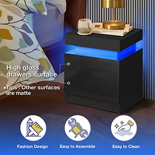 HOMMPA LED Nightstand Modern Black Nightstand with Led Lights Wood Matte Led Bed Side Table Night Stand with 2 High Gloss Drawers for Bedroom 20.5" Tall