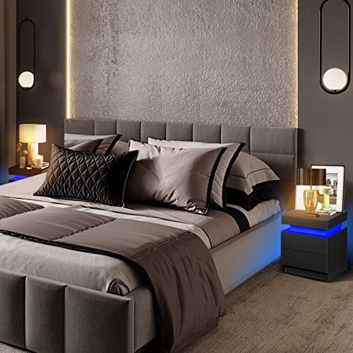 HOMMPA LED Nightstand Modern Black Nightstand with Led Lights Wood Matte Led Bed Side Table Night Stand with 2 High Gloss Drawers for Bedroom 20.5" Tall