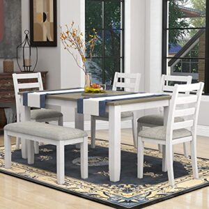 merax 6-piece wooden rectangular dining table set with 4 upholstered chairs and bench, brown+whitewash