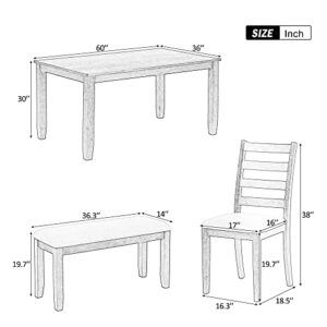 Merax 6-Piece Wooden Rectangular Dining Table Set with 4 Upholstered Chairs and Bench, Brown+Whitewash