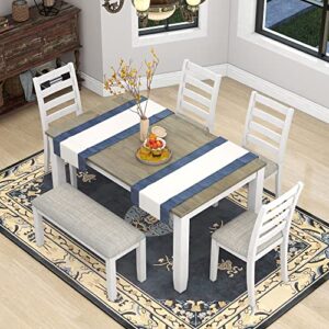 Merax 6-Piece Wooden Rectangular Dining Table Set with 4 Upholstered Chairs and Bench, Brown+Whitewash