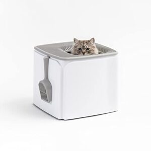 iris usa large premium square top entry cat litter box with scoop, kitty litter pan with litter particle catching cover and privacy walls, white/gray
