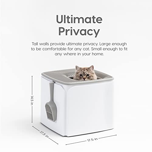IRIS USA Large Premium Square Top Entry Cat Litter Box with Scoop, Kitty Litter Pan with Litter Particle Catching Cover and Privacy Walls, White/Gray