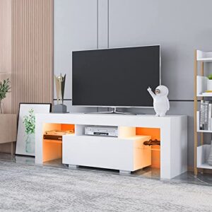 dmaith white modern led tv stand for 55/60/65 inch tv, high glossy gaming entertainment center with large storage drawers, tv media center with display glass shelves for living room, bedroom, 002w