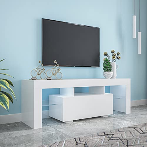 DMAITH White Modern LED TV Stand for 55/60/65 Inch TV, High Glossy Gaming Entertainment Center with Large Storage Drawers, TV Media Center with Display Glass Shelves for Living Room, Bedroom, 002W