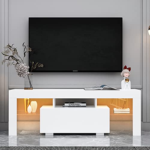 DMAITH White Modern LED TV Stand for 55/60/65 Inch TV, High Glossy Gaming Entertainment Center with Large Storage Drawers, TV Media Center with Display Glass Shelves for Living Room, Bedroom, 002W