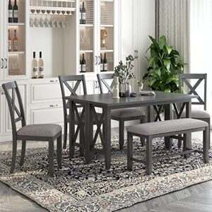 xd designs 6-piece dining room table set, rustic farmhouse dining room foldable table with 4 upholstered chairs & bench, solid wood kitchen dining room set for 4-6 persons (gray 60in)