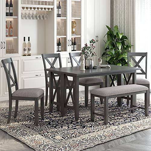 XD Designs 6-Piece Dining Room Table Set, Rustic Farmhouse Dining Room Foldable Table with 4 Upholstered Chairs & Bench, Solid Wood Kitchen Dining Room Set for 4-6 Persons (Gray 60in)