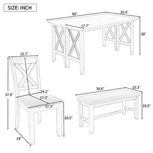 XD Designs 6-Piece Dining Room Table Set, Rustic Farmhouse Dining Room Foldable Table with 4 Upholstered Chairs & Bench, Solid Wood Kitchen Dining Room Set for 4-6 Persons (Gray 60in)