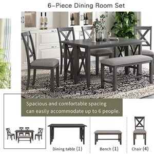 XD Designs 6-Piece Dining Room Table Set, Rustic Farmhouse Dining Room Foldable Table with 4 Upholstered Chairs & Bench, Solid Wood Kitchen Dining Room Set for 4-6 Persons (Gray 60in)
