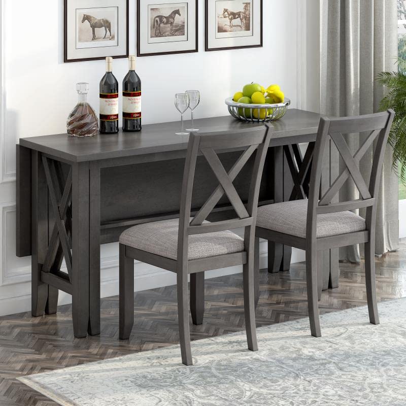 XD Designs 6-Piece Dining Room Table Set, Rustic Farmhouse Dining Room Foldable Table with 4 Upholstered Chairs & Bench, Solid Wood Kitchen Dining Room Set for 4-6 Persons (Gray 60in)