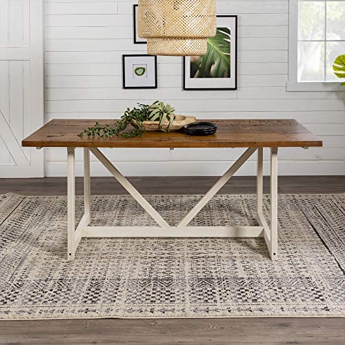 Walker Edison Modern Farmhouse Dining Table Wood Small Dining Room Table Sets Dining Chairs. 72 Inch. White and Rustic Oak