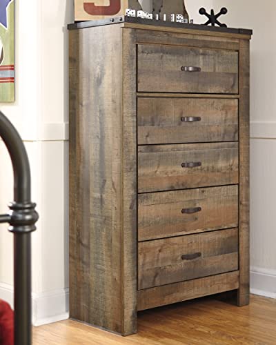 Signature Design by Ashley Trinell Rustic 5 Drawer Chest of Drawers with Nailhead Trim, Warm Brown