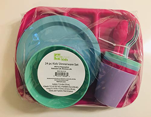 24 pc Kids Dinner Set by Mainstays, BPA free, Microwave/dishwasher safe, toddler snack/meals, mixed colors