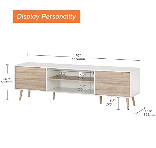 WAMPAT Mid Century Modern TV Stand for TVs up to 75 inches, Wood TV Console Media Cabinet with Storage, Entertainment Center for Living Room Bedroom, White and Oak, 70 inch